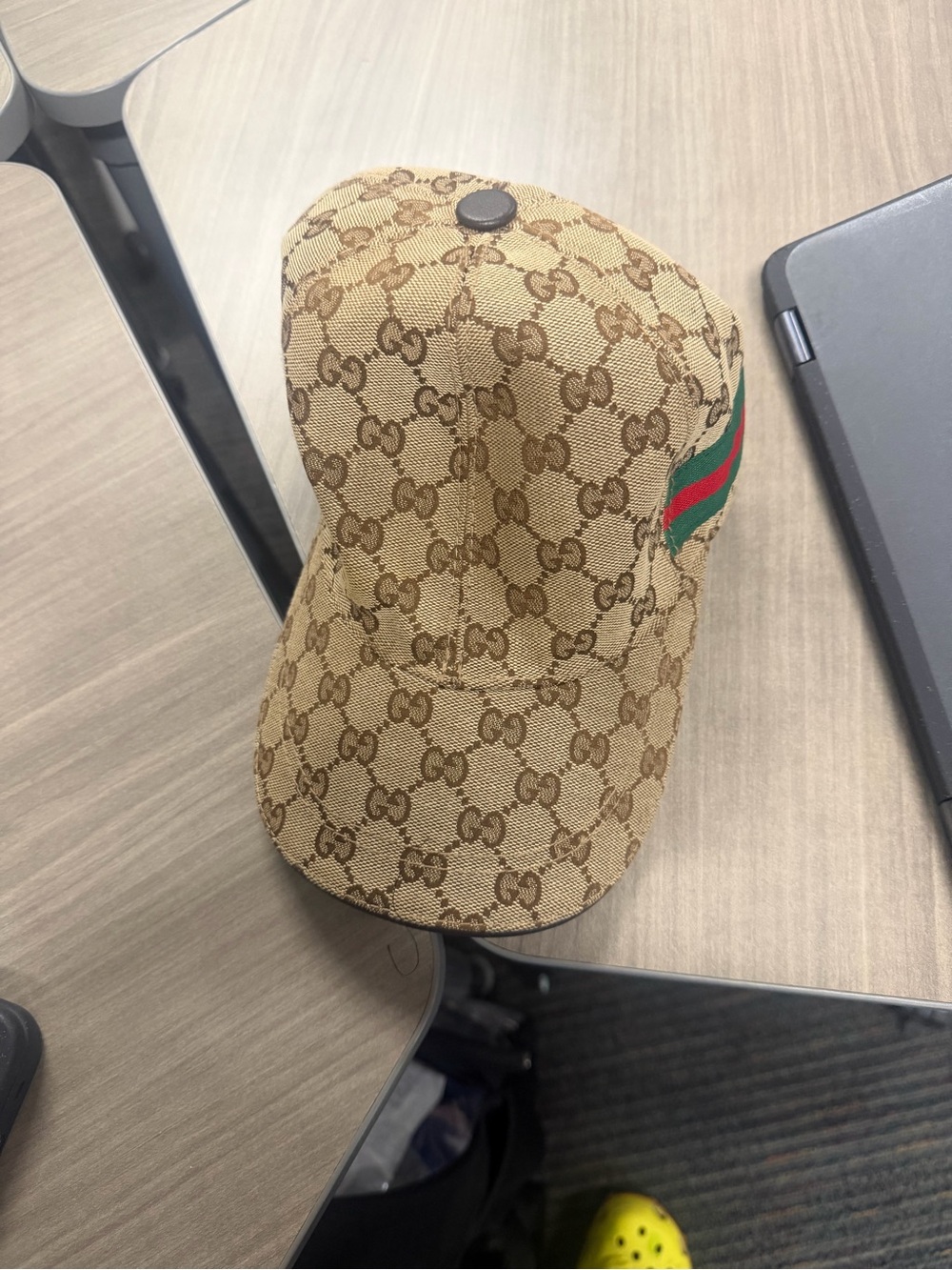 Gucci Beige GG Monogram Cap with Green-Red Web Detail